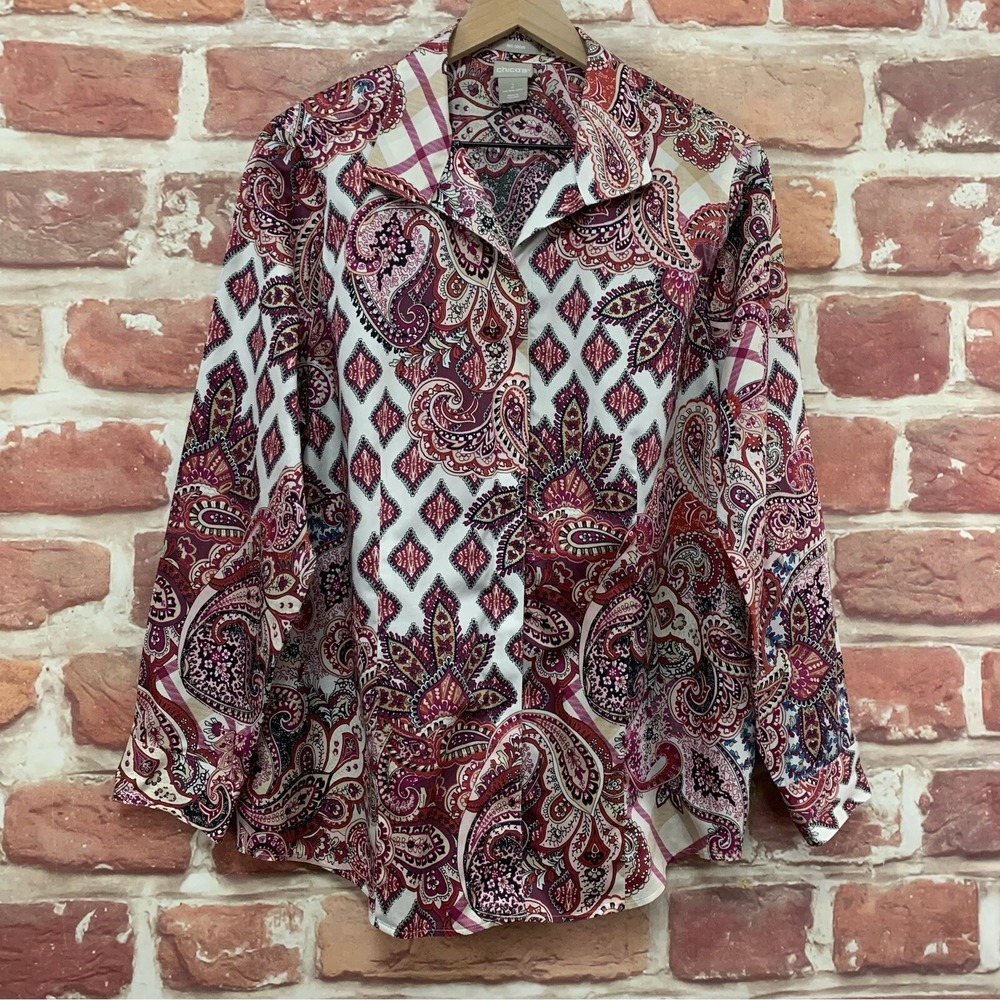 Chicos Top Womens Large Multicolor Boho Floral Abstract Casual Button Up Shirt